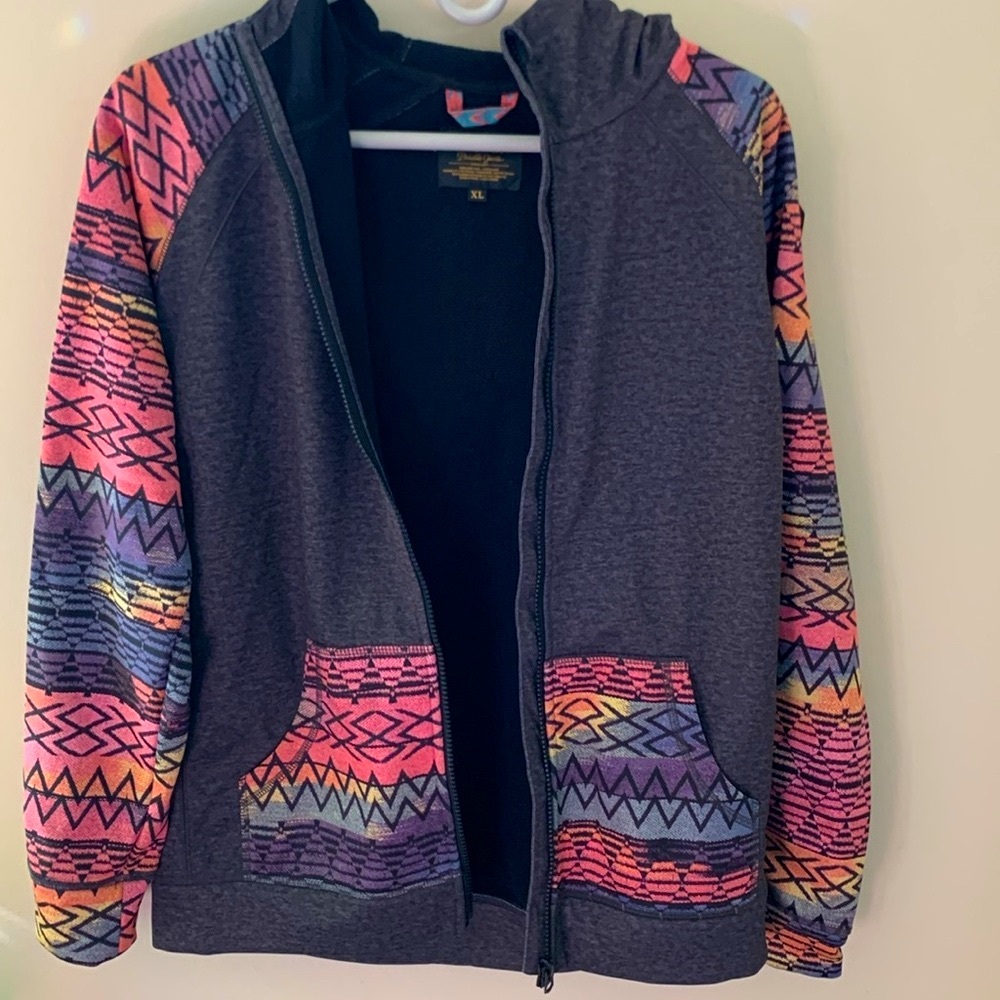 Burton Girls Charcoal Hooded Zip Sweatjacket with Multicolor Sleeves